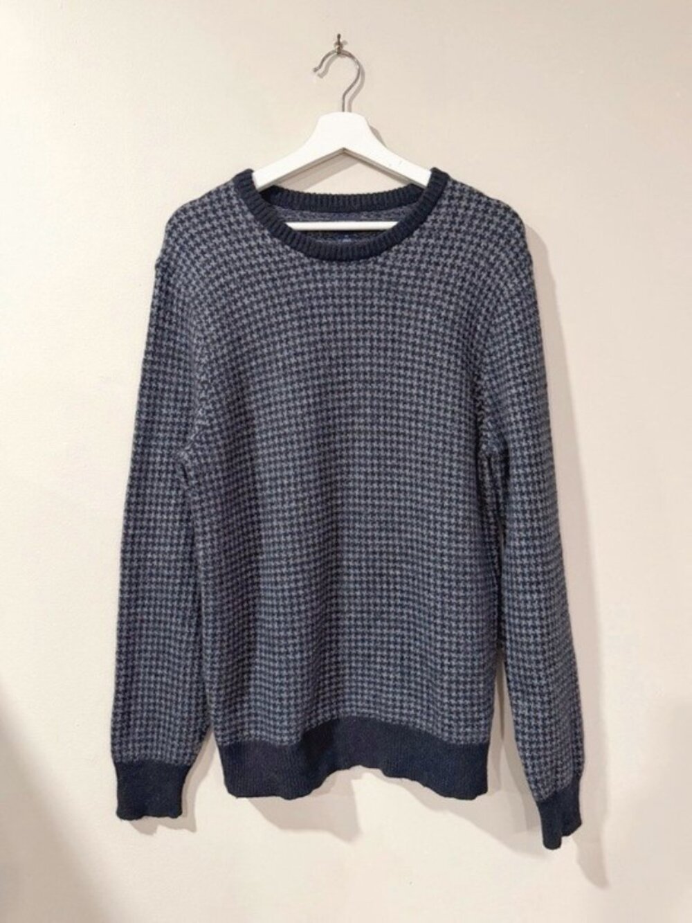 J.Crew Sweater Men M Navy Gray Houndstooth Lambswool Blend Preppy Old Money